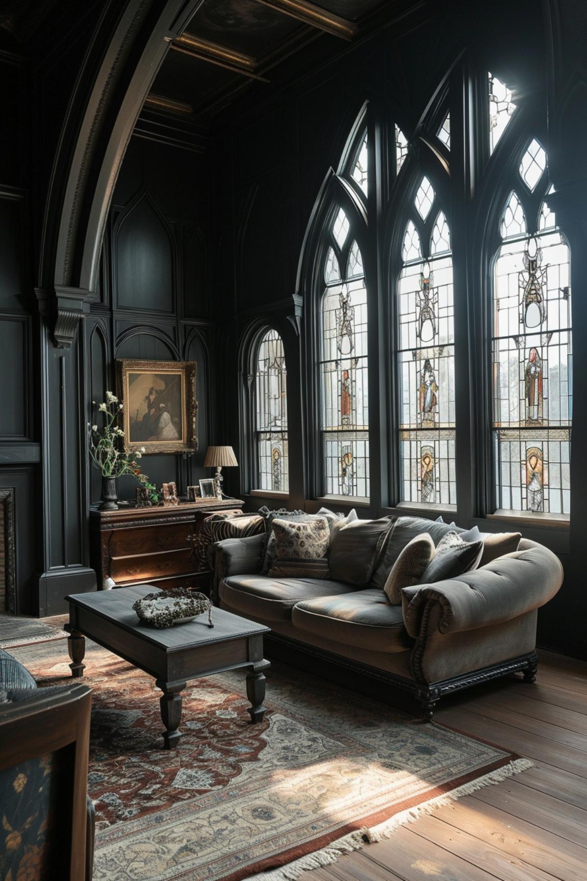 Luxurious Living Room Showcasing a Fusion of Gothic Splendor and Contemporary Design Touches