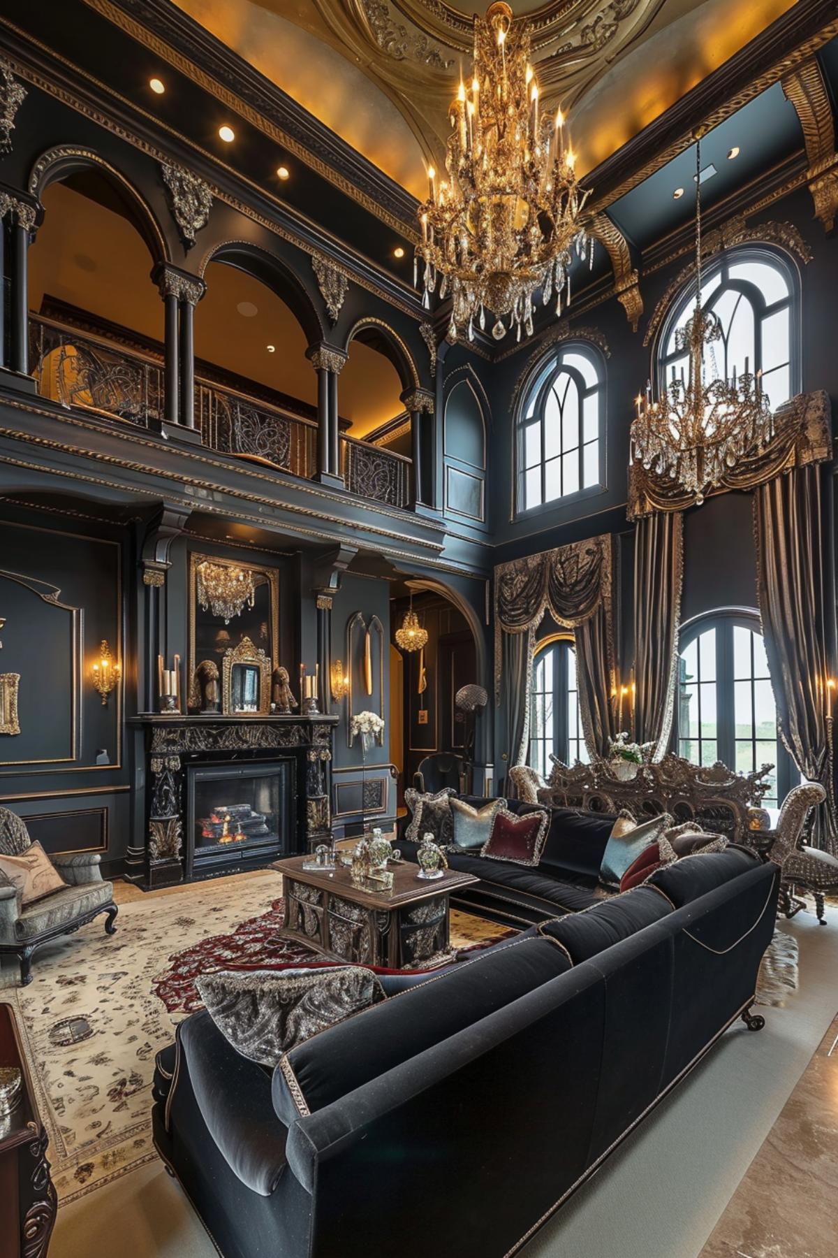 Luxurious Living Room Showcasing a Fusion of Gothic Splendor and Contemporary Design Touches