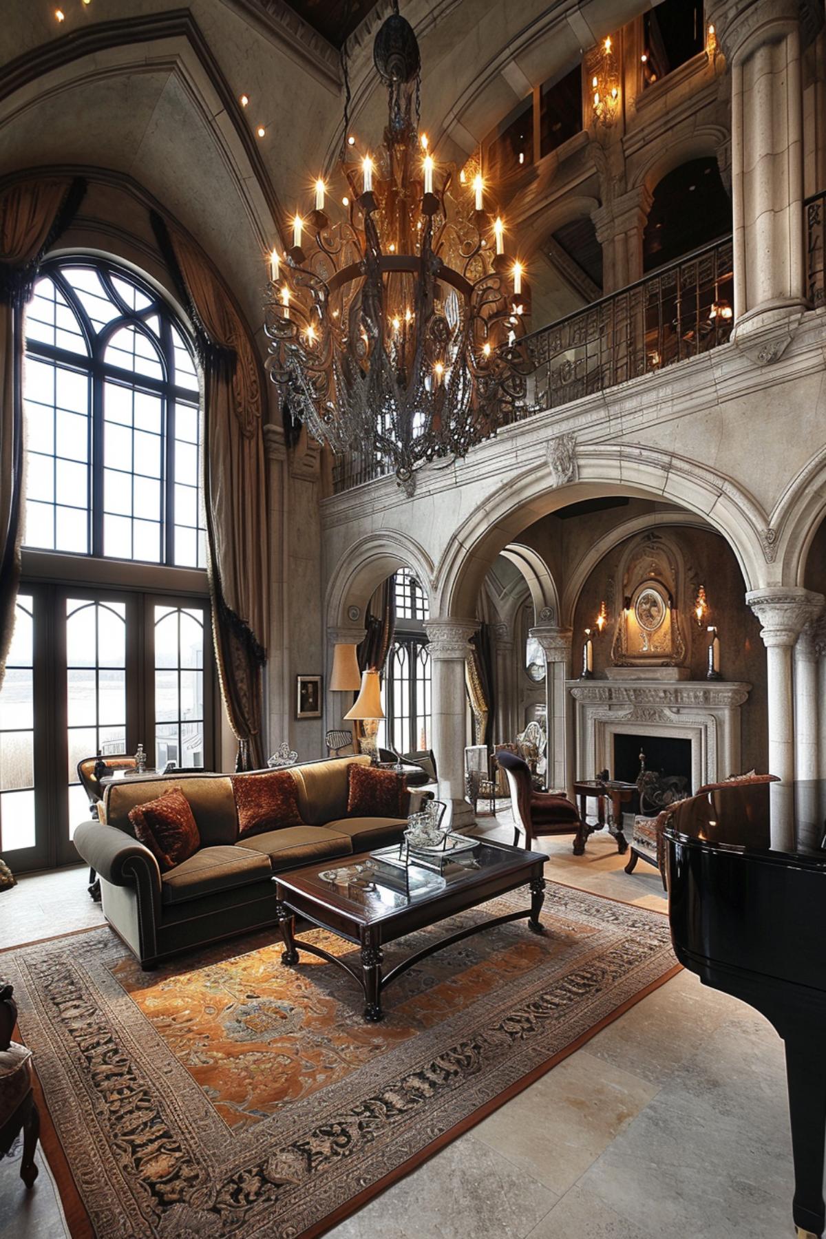 Luxurious Living Room Showcasing a Fusion of Gothic Splendor and Contemporary Design Touches