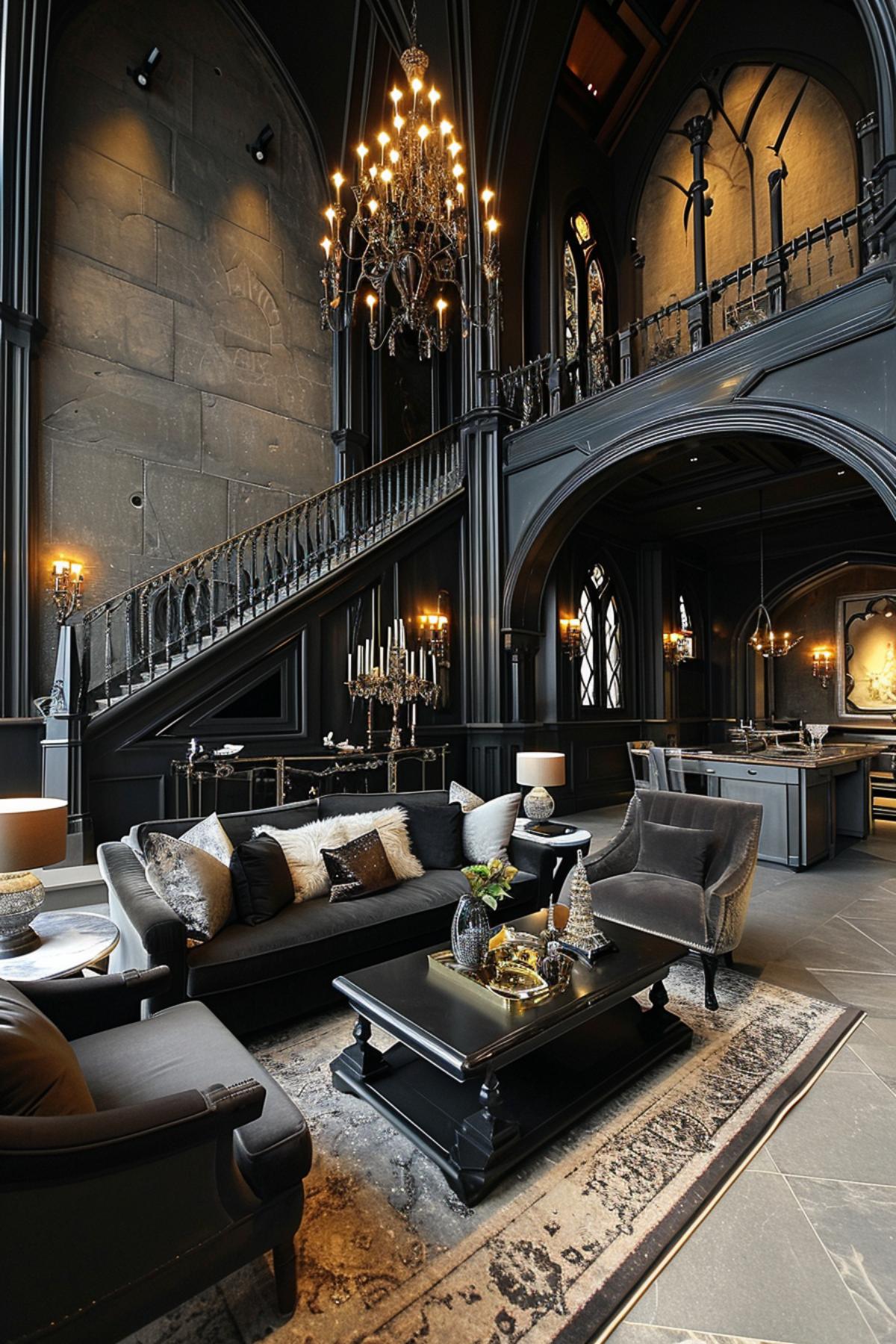Luxurious Living Room Showcasing a Fusion of Gothic Splendor and Contemporary Design Touches