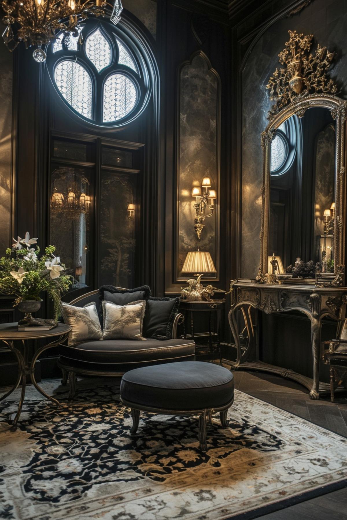 Luxurious Living Room Showcasing a Fusion of Gothic Splendor and Contemporary Design Touches