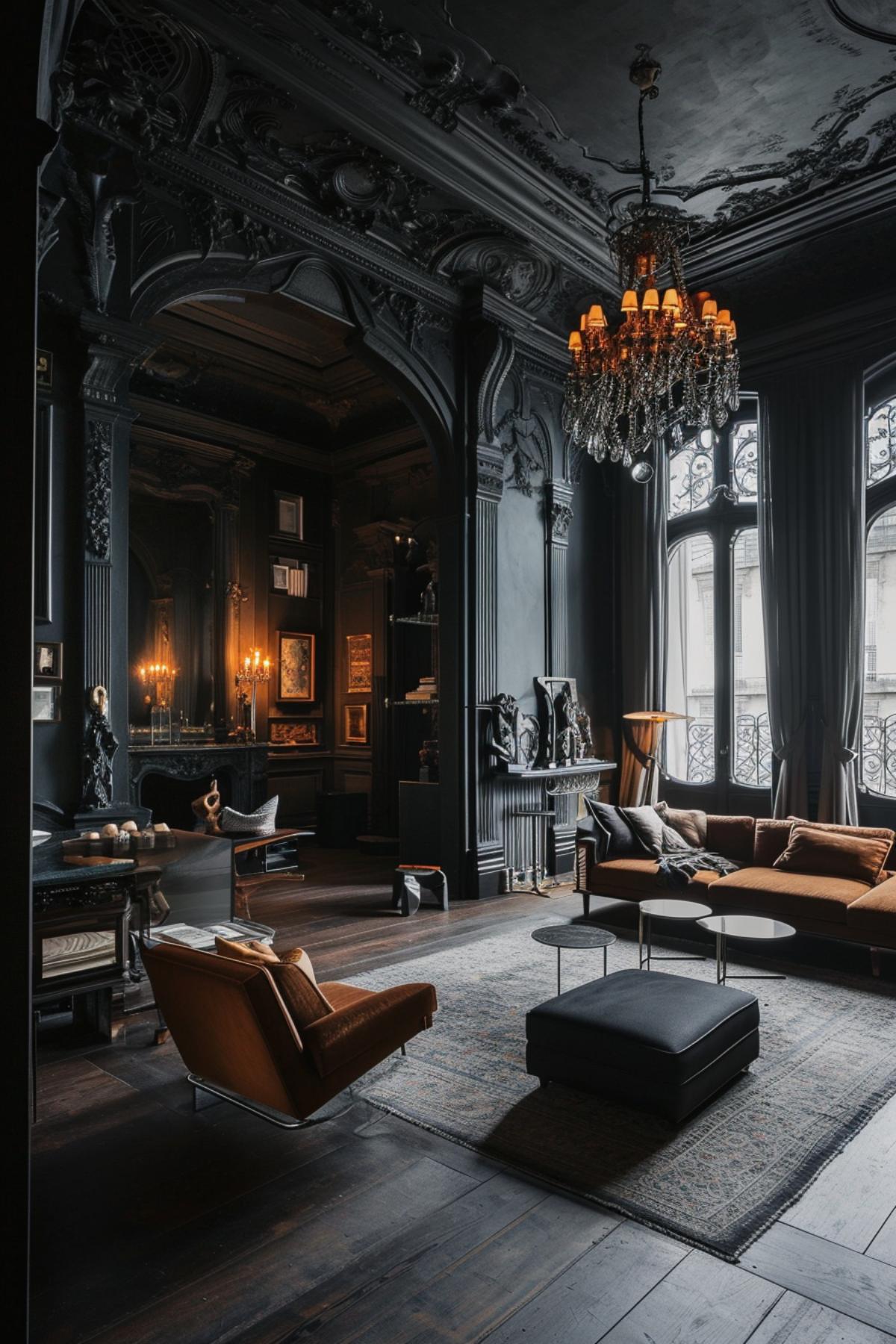 Luxurious Living Room Showcasing a Fusion of Gothic Splendor and Contemporary Design Touches