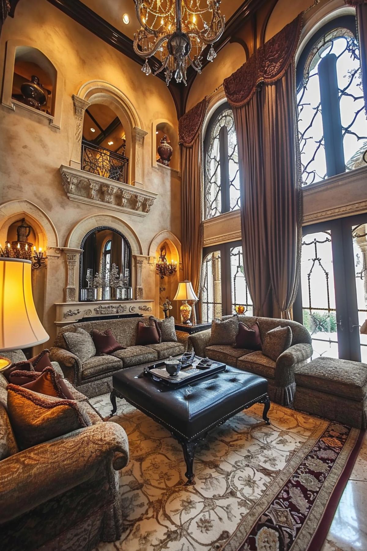 Luxurious Living Room Showcasing a Fusion of Gothic Splendor and Contemporary Design Touches