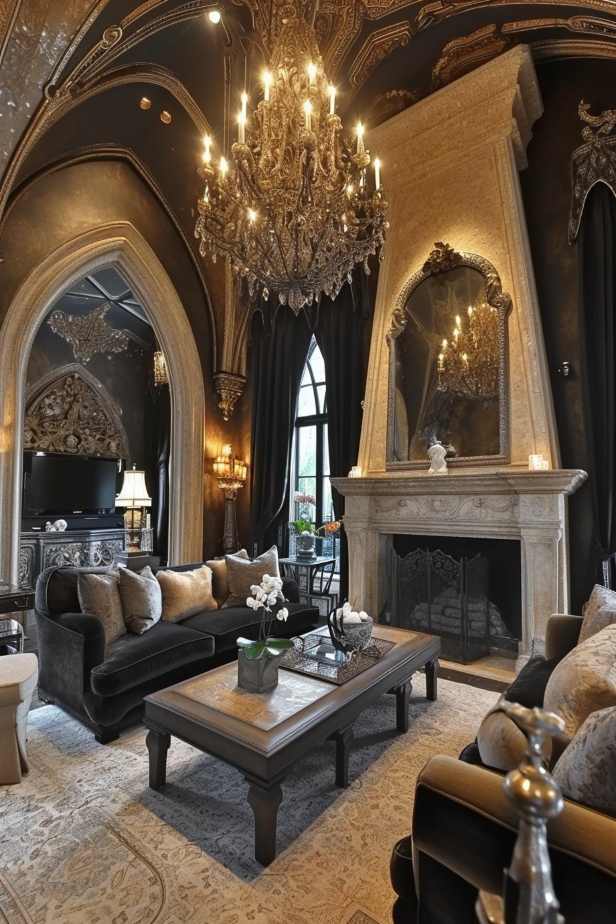Luxurious Living Room Showcasing a Fusion of Gothic Splendor and Contemporary Design Touches