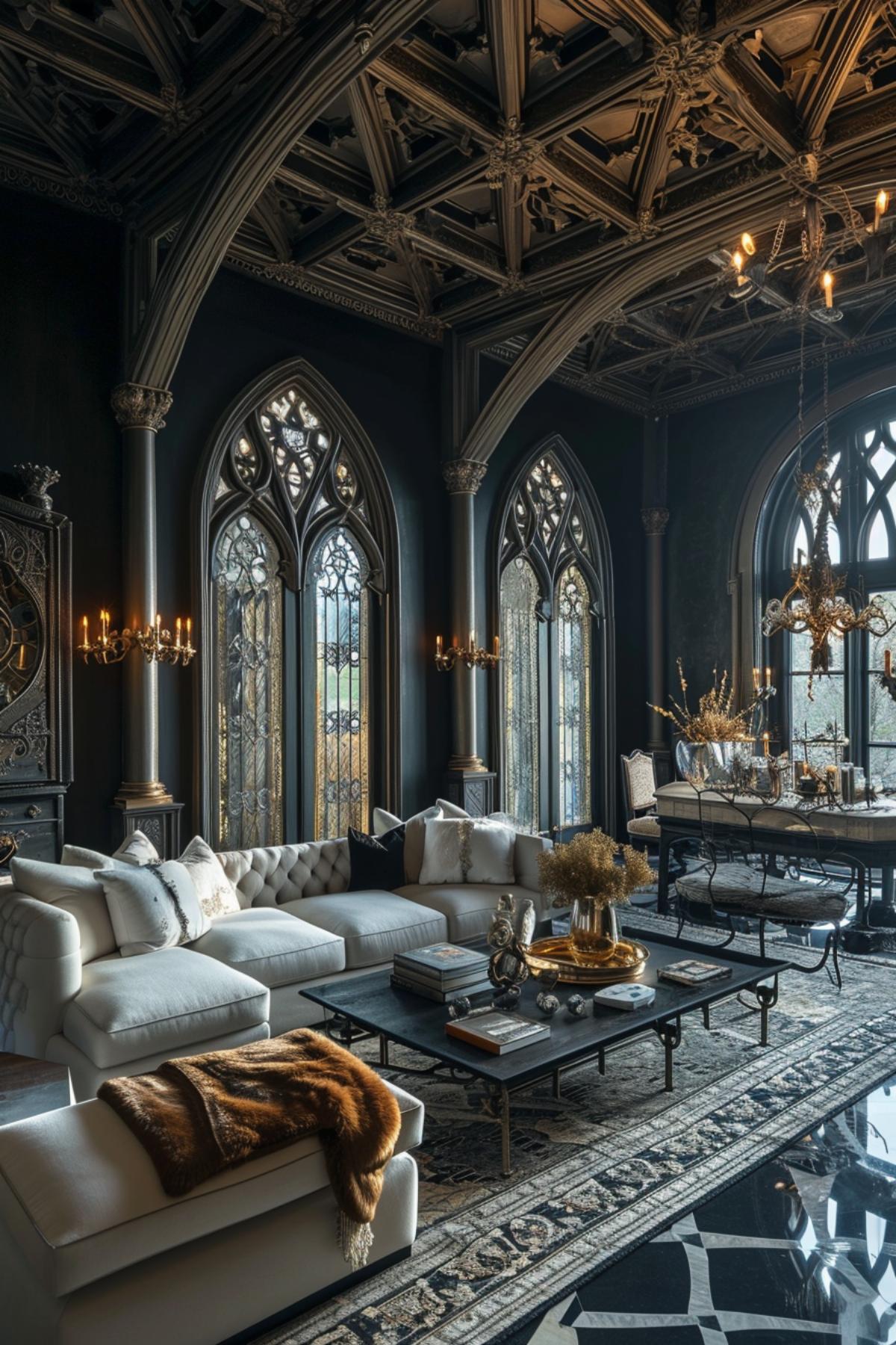 Luxurious Living Room Showcasing a Fusion of Gothic Splendor and Contemporary Design Touches
