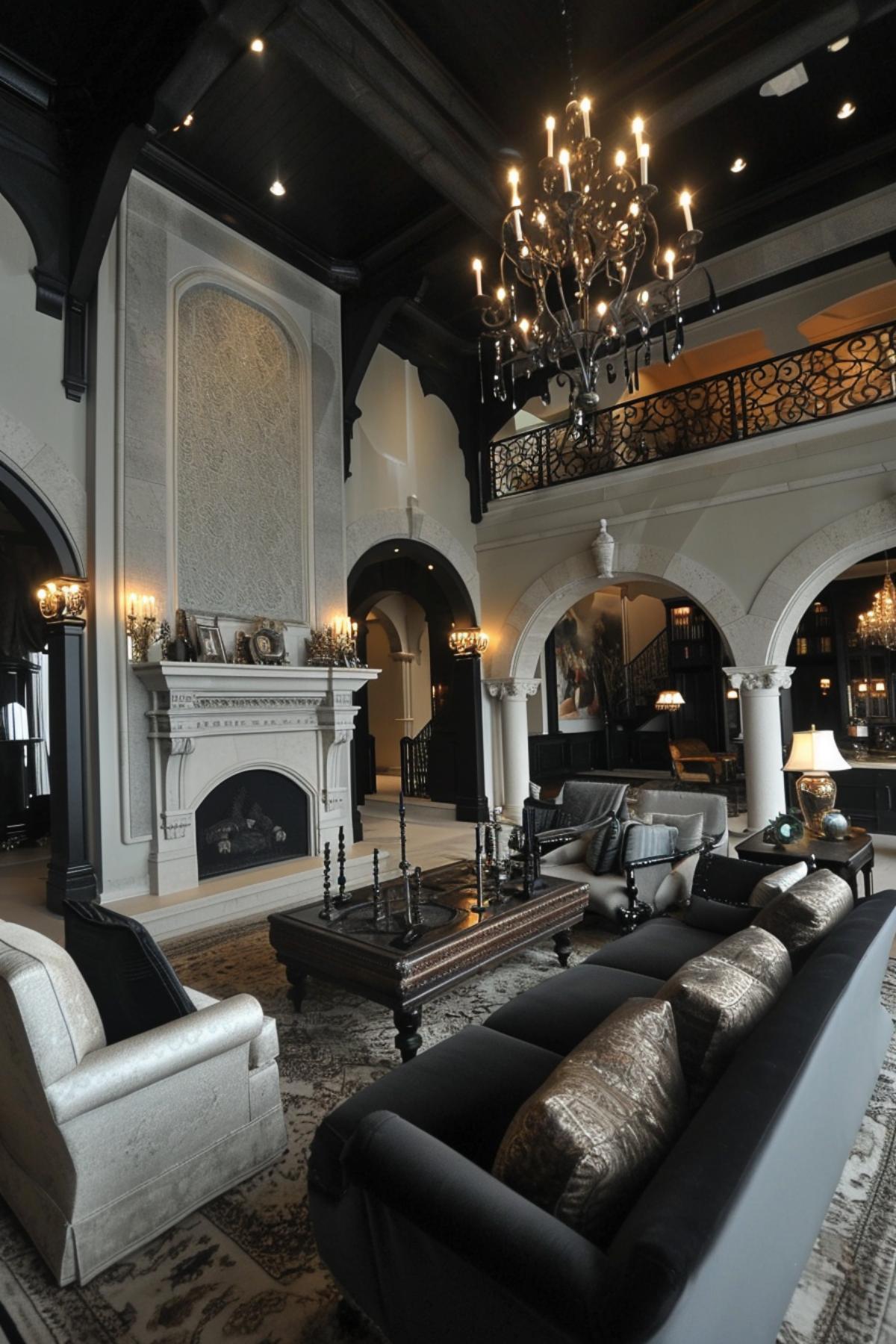 Luxurious Living Room Showcasing a Fusion of Gothic Splendor and Contemporary Design Touches