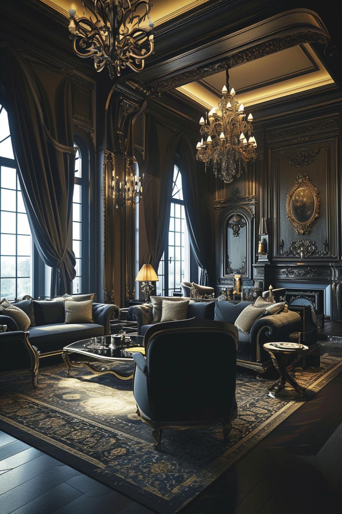Luxury grandeur gothic living room design