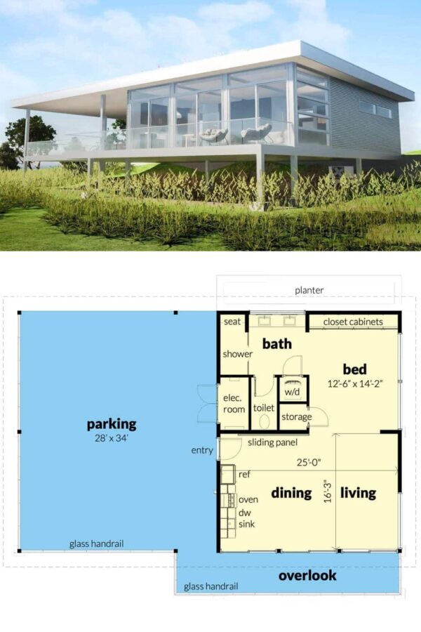 One Room Building Contemporary Style 1-Bedroom Single-Story Home with Open Concept Design ...