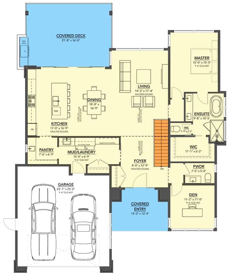 Main level floor plan of a single-story mid-century modern 3-bedroom home with foyer, living room, dining area, kitchen, four bedrooms, laundry, and mudroom leading to the garage.