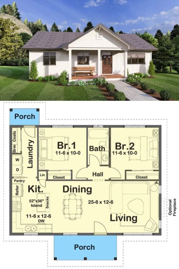 2-Bedroom Country Style Single-Story Rancher Home with Front Porch and ...