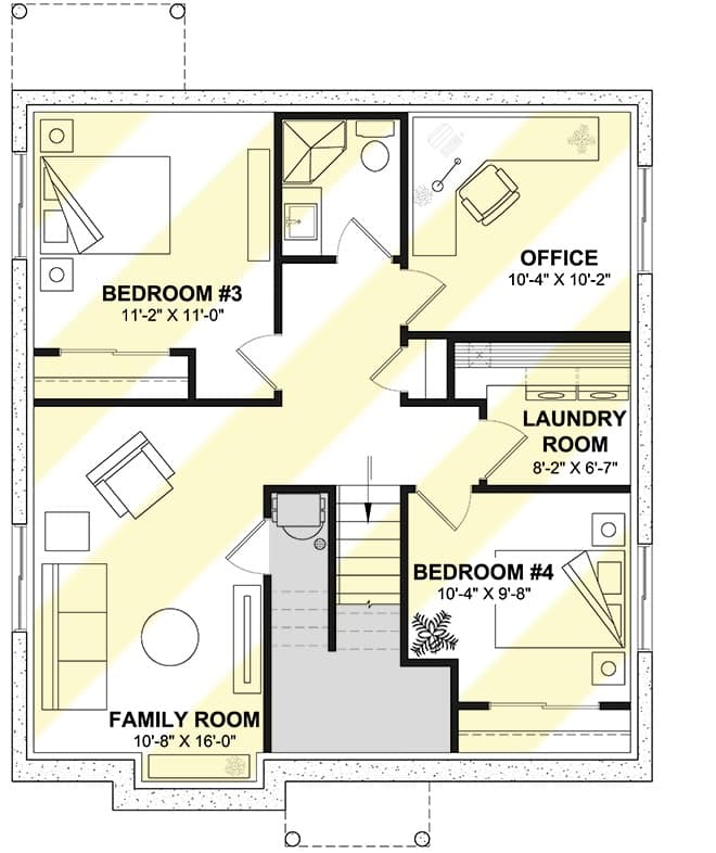 Lower level floor plan with two bedrooms, a shared bath, and a rec room with a wet bar.