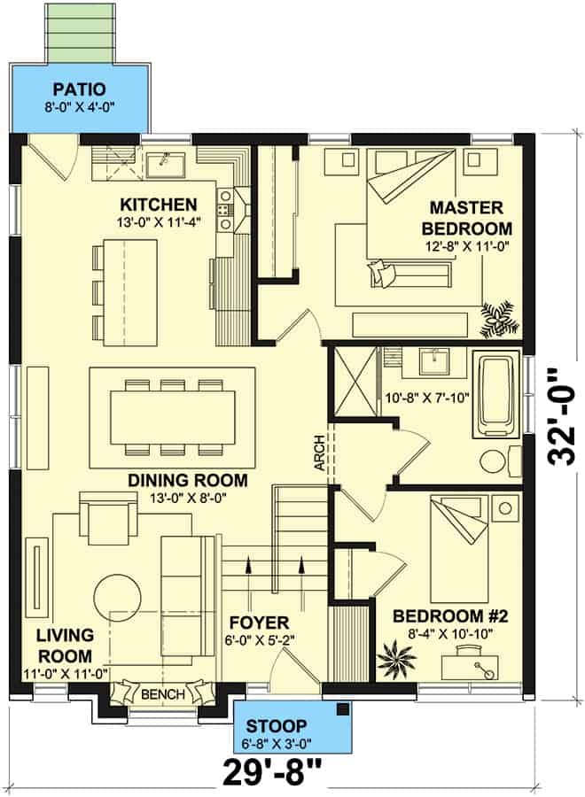 Main level floor plan of a single-story traditional style 4-bedroom home with a foyer, dining room, living room, kitchen, two bedrooms, and a shared bathroom.