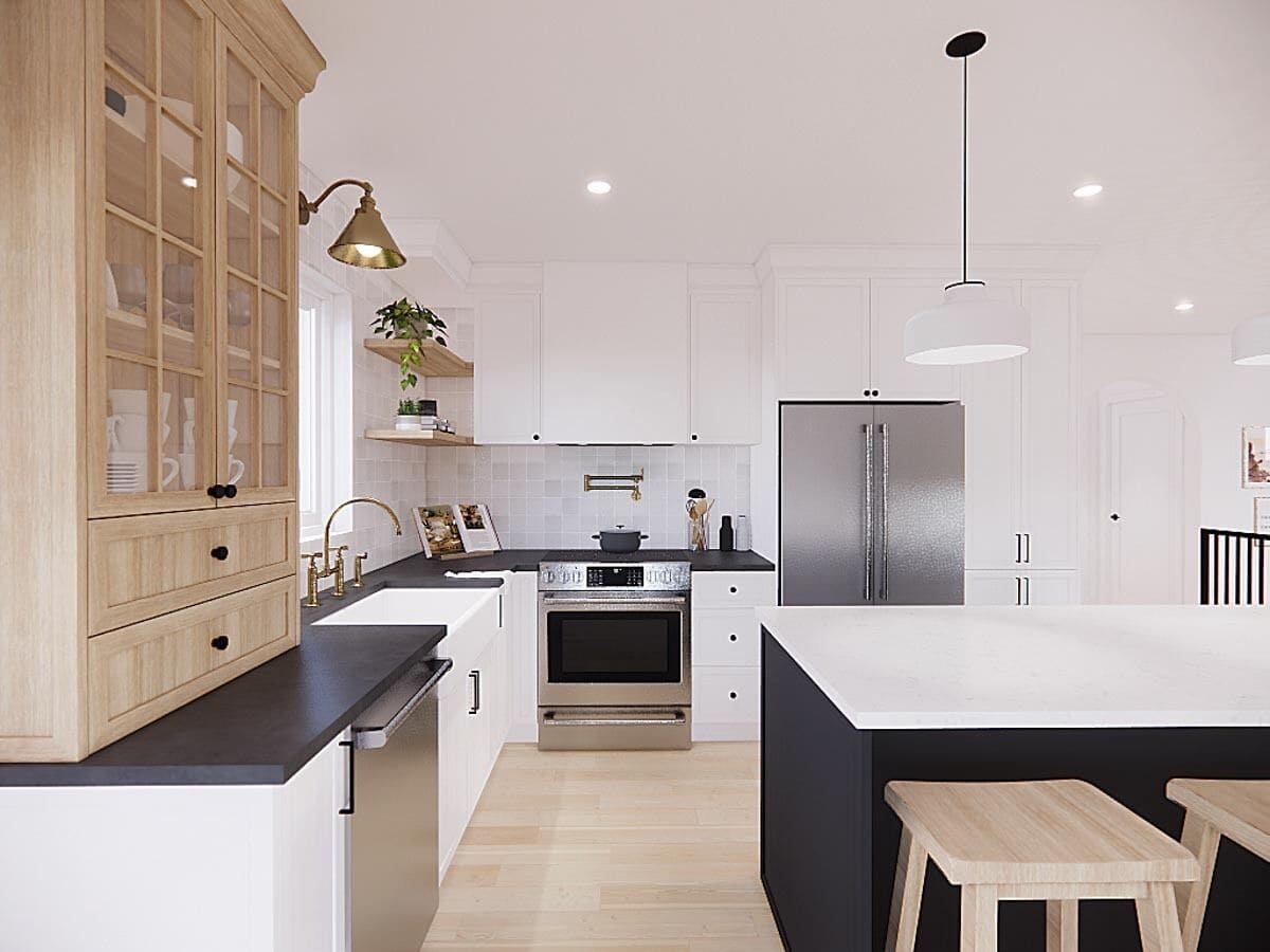 The kitchen includes a farmhouse sink and modern appliances.