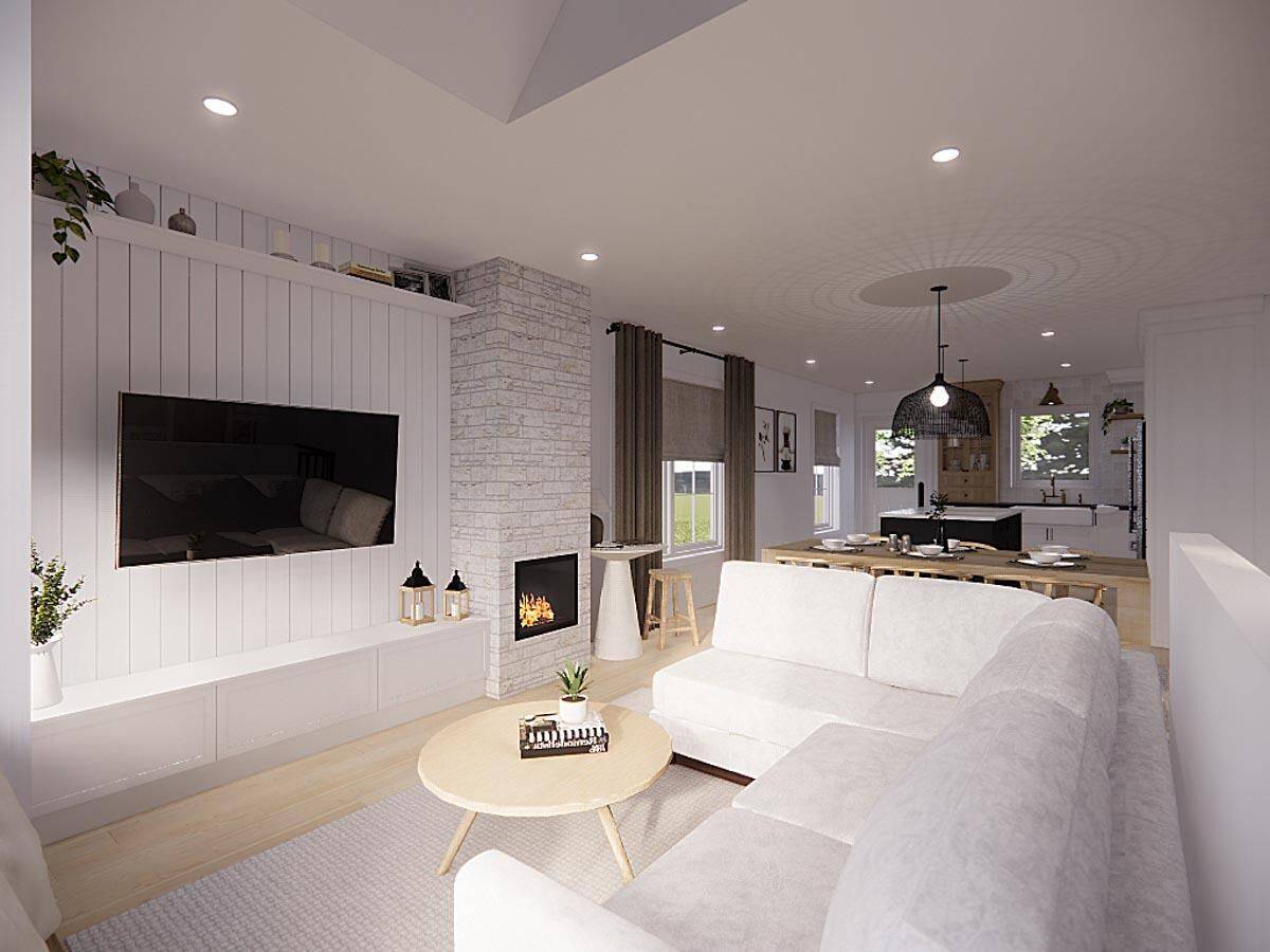 The living room opens completely into the dining area and kitchen.