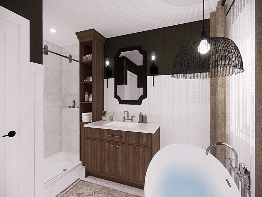 Bathroom with a soaking tub, a tiled shower, and a wooden vanity integrated with a linen closet.