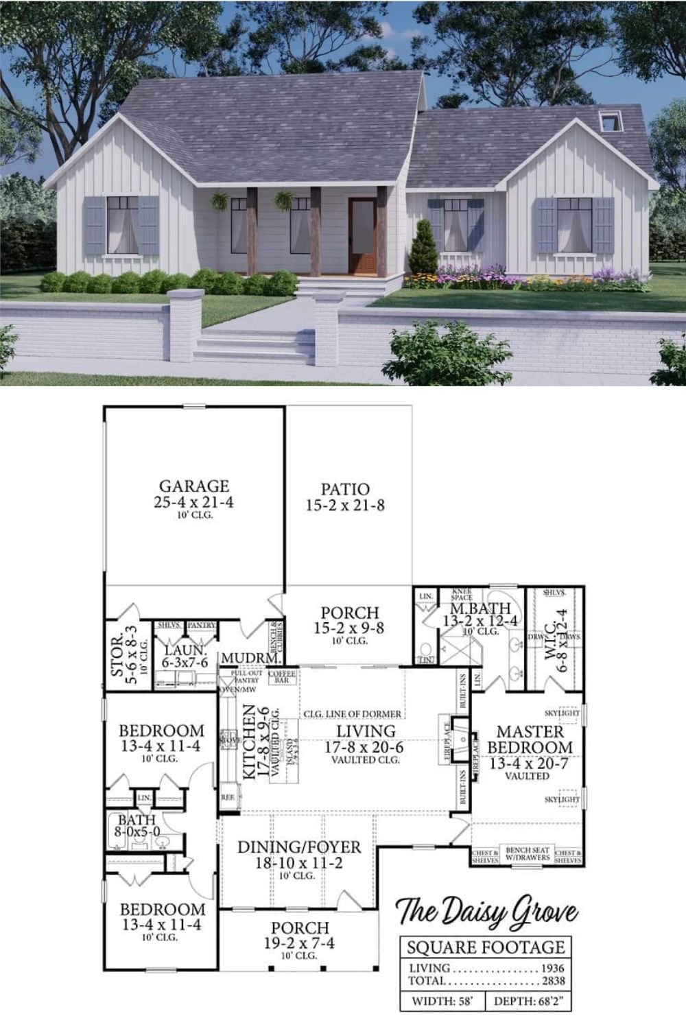 Vertical and horizontal siding, multiple gables, and a covered front porch supported by rustic pillars embellish this 3-bedroom farmhouse.