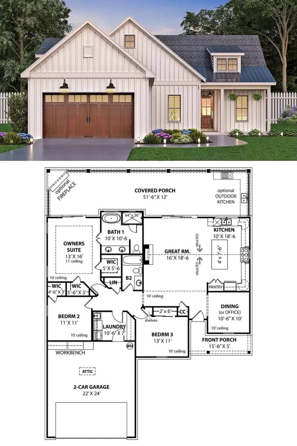 This 3-bedroom farmhouse features a charming facade with board and batten siding, stacked gables, and a welcoming front porch topped with a shed dormer. It includes a double front-facing garage with a workbench and laundry access.