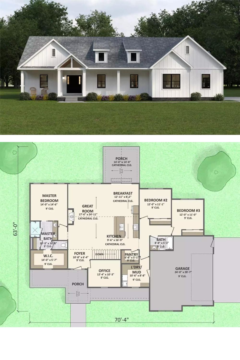 This 3-bedroom ranch radiates a classic charm with stone skirting, board and batten siding, multiple gables, and a covered entry porch topped with twin shed dormers. It includes a 2-car side-loading garage that accesses the home through the mudroom.