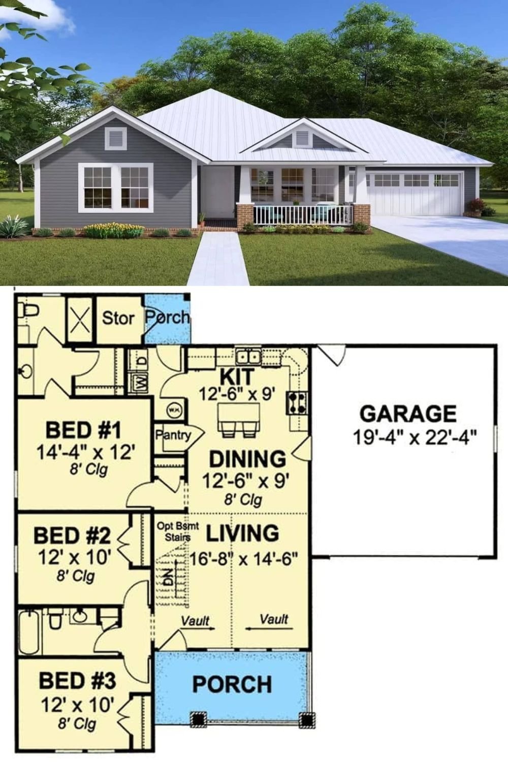 Horizontal lap siding, brick accents, forward-facing gables, and an inviting front porch highlighted by tapered columns and railings give this 3-bedroom Southern cottage a great curb appeal.