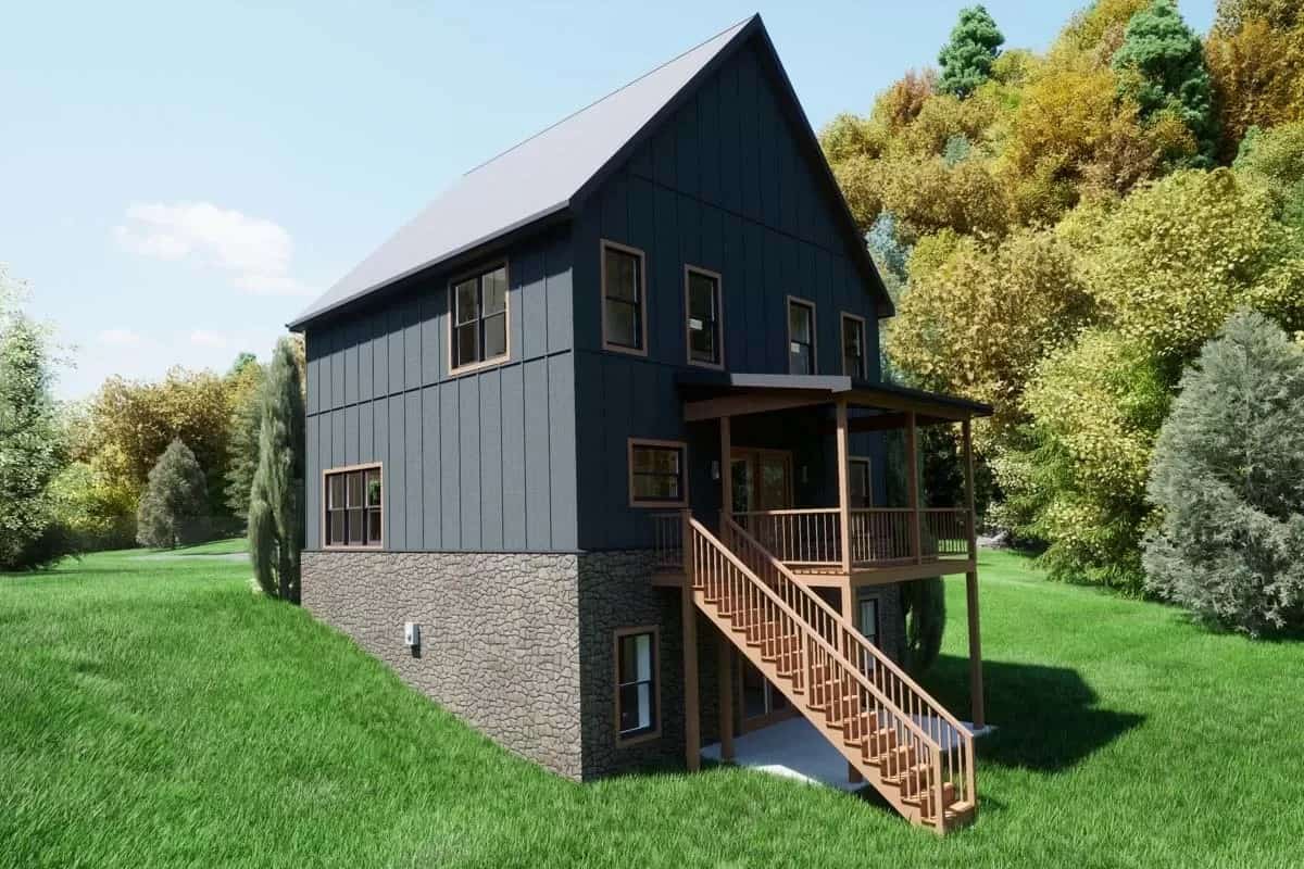 Rear view with a covered deck above the covered patio.