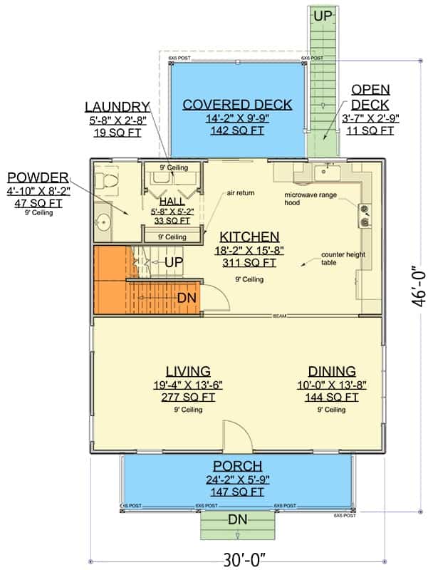 Main level floor plan of a 3-bedroom cabin-like two-story home with living room, dining area, kitchen, powder bath, and laundry closet.