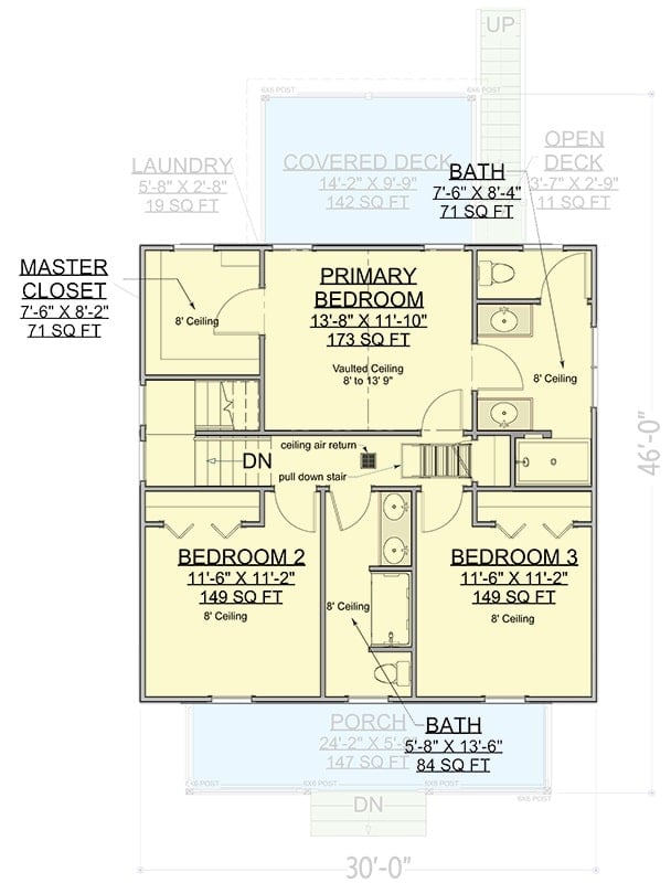 Second level floor plan with three bedrooms and two bathrooms.