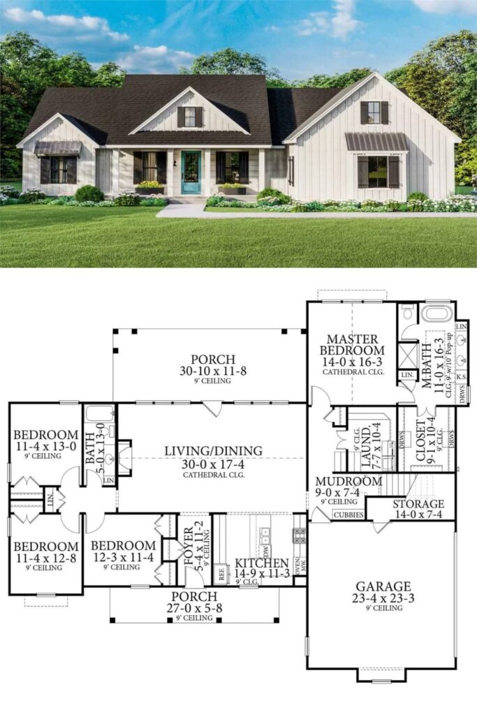 Treehill 4-Bedroom Single-Story Country Farmhouse with Front Porch and ...