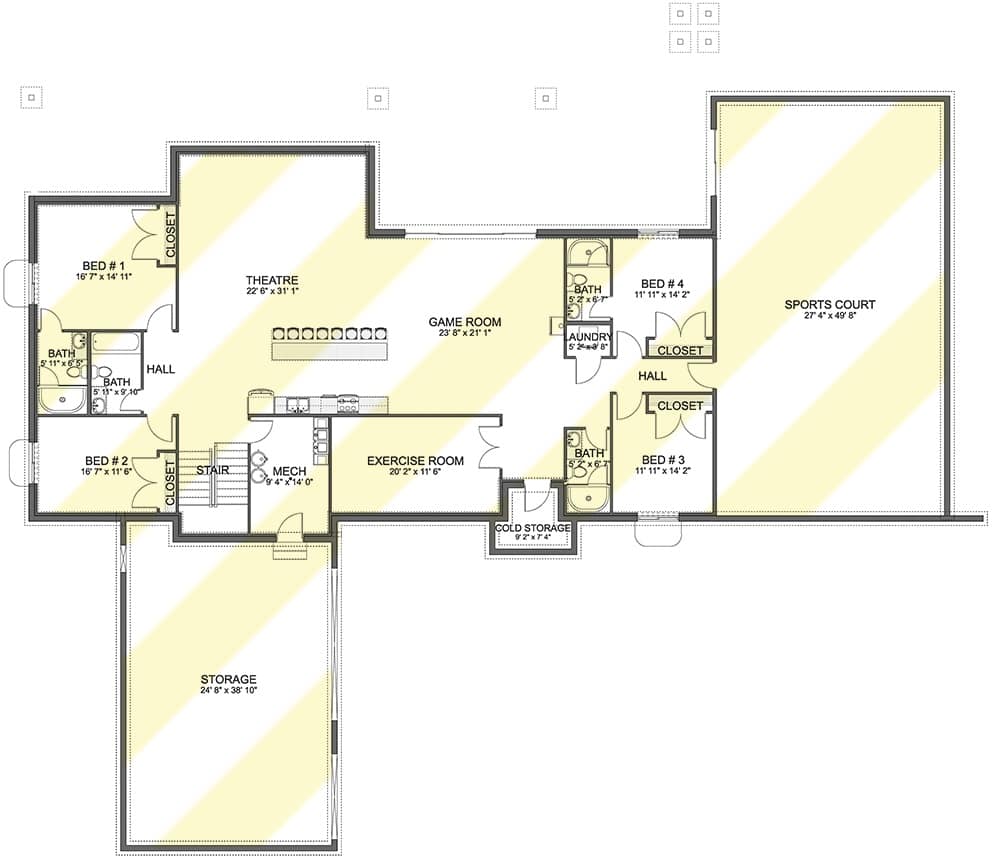 Lower level floor plan with four bedrooms, home theater, game room, exercise room, and sports court.