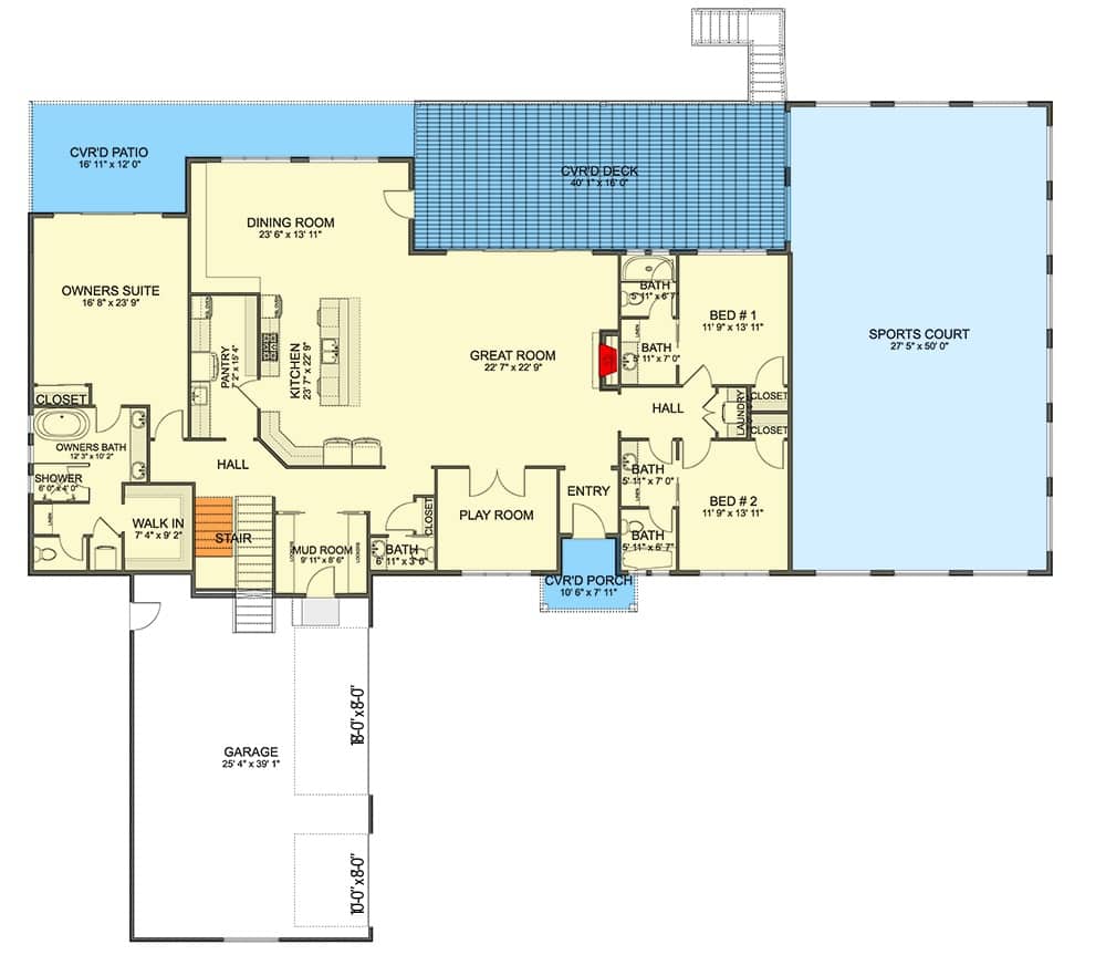 Main level floor plan of a mountain single-story 3-bedroom ranch with foyer, great room, dining area, kitchen, three bedrooms, a sports court, and a 3-car garage.