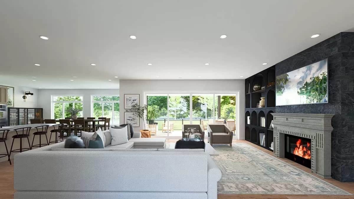 An open layout view of the great room, kitchen, and dining area.
