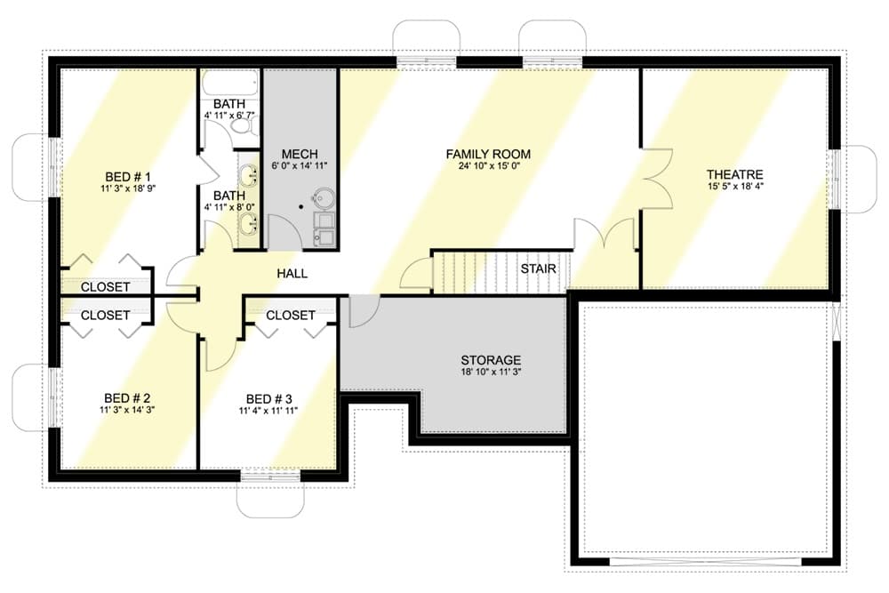 Lower level floor plan with three bedrooms, family room, theatre, and storage room.