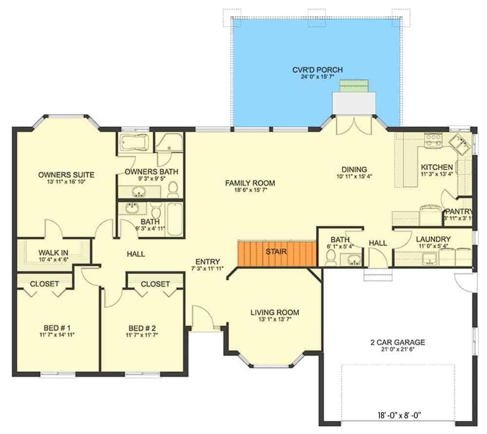 Main level floor plan of a two-story single-story traditional home with foyer, family room, dining area, kitchen, laundry, three bedrooms, and a double garage.