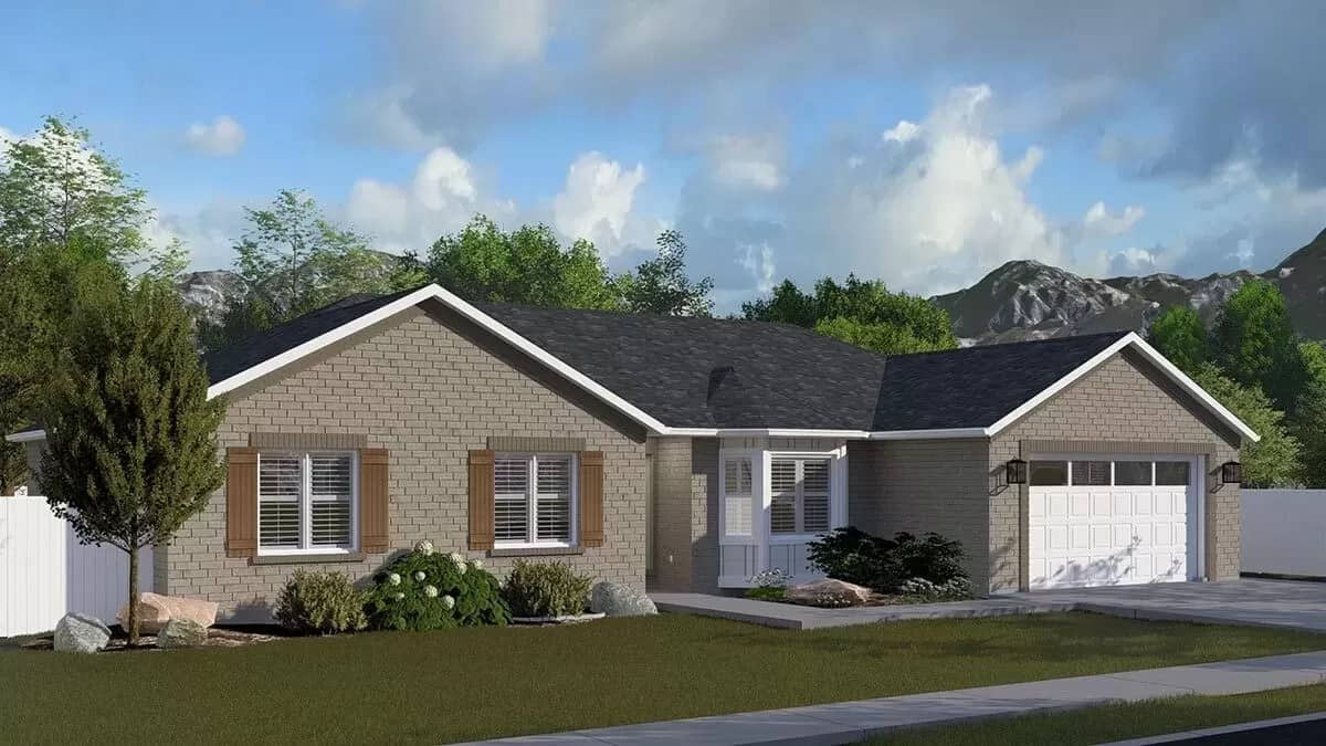 Front-left view with shuttered windows and a double garage.
