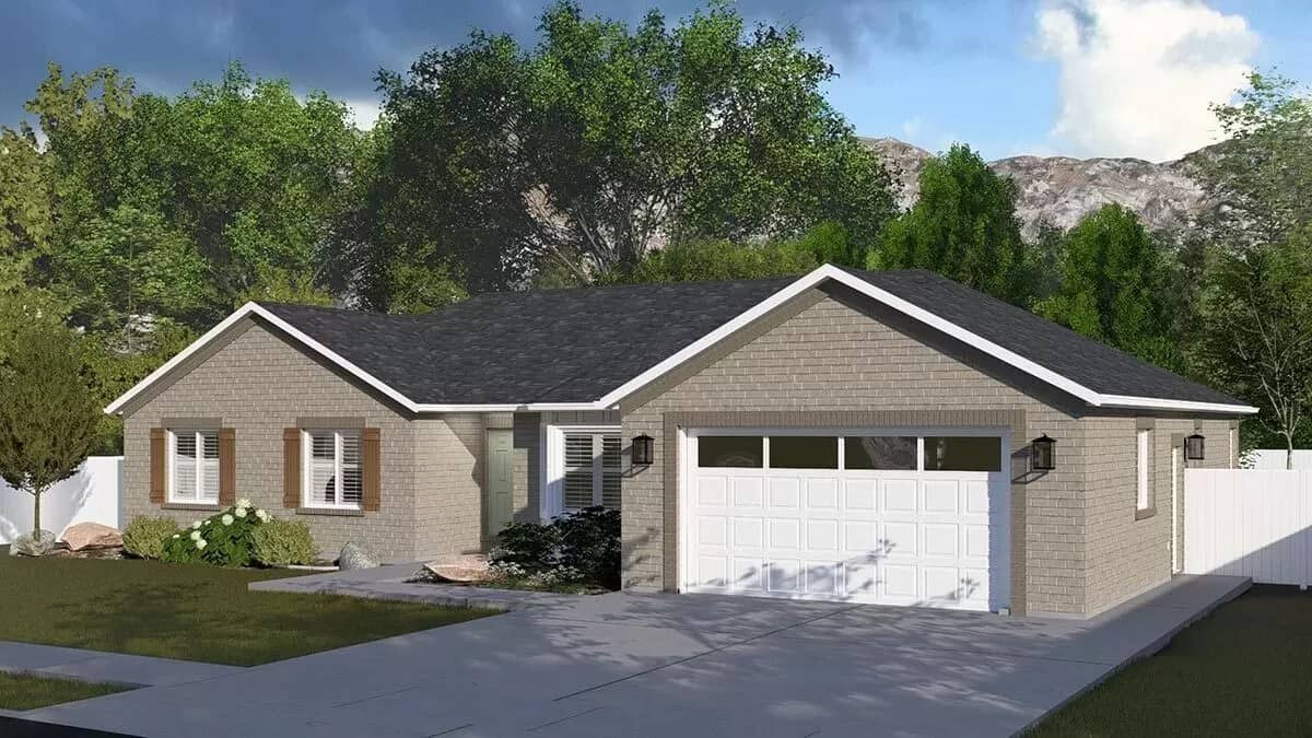 Front right view with a sleek entry, gable rooflines, and a double garage.
