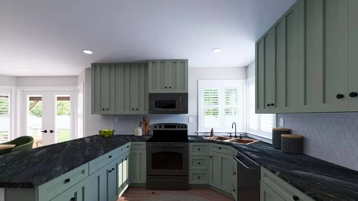 The kitchen includes double sinks and a peninsula bar with casual seating.