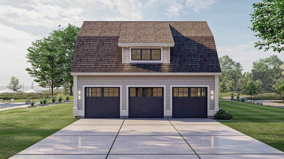 Left view showcasing the 3-car garage topped with a shed dormer.