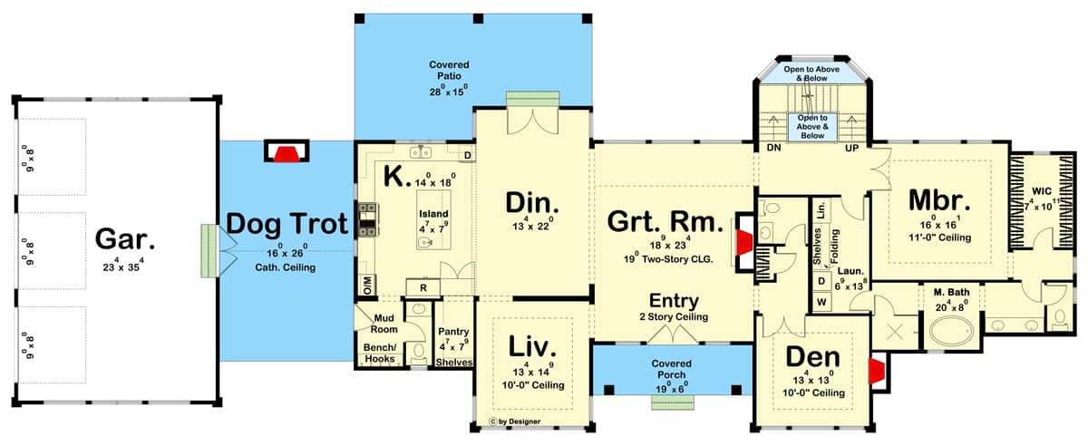 Main level floor plan of a 4-bedroom contemporary style two-story home with foyer, great room, living room, dining room, kitchen, primary suite, den, mudroom, and dog trot that connects to the garage.