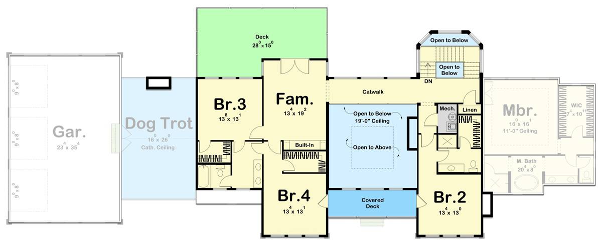 Second level floor plan with three bedrooms, two baths, and a family room.
