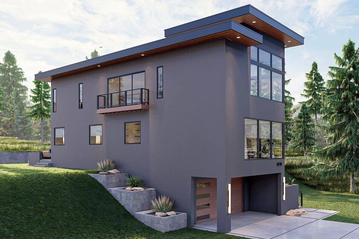 Front-left view with a balcony and a drive-under garage.