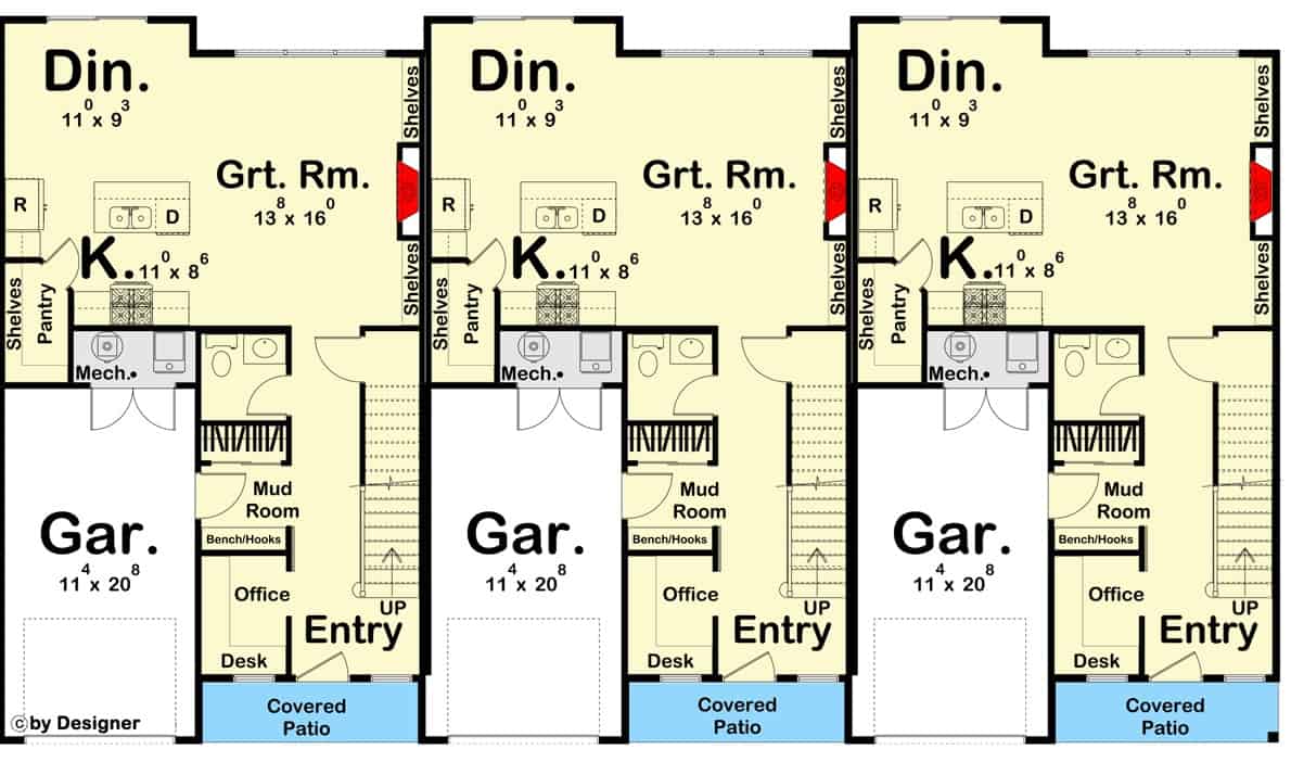 Main level floor plan of a modern two-story farmhouse style triplex with foyer, great room, dining area, kitchen, and mudroom leading to the garage.