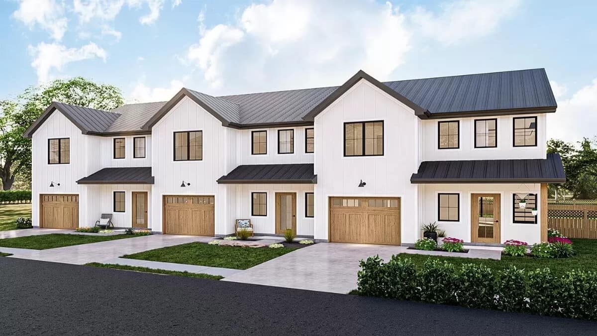 Modern Two-Story Farmhouse Style Triplex with Open Living Space and 3-Bed Units