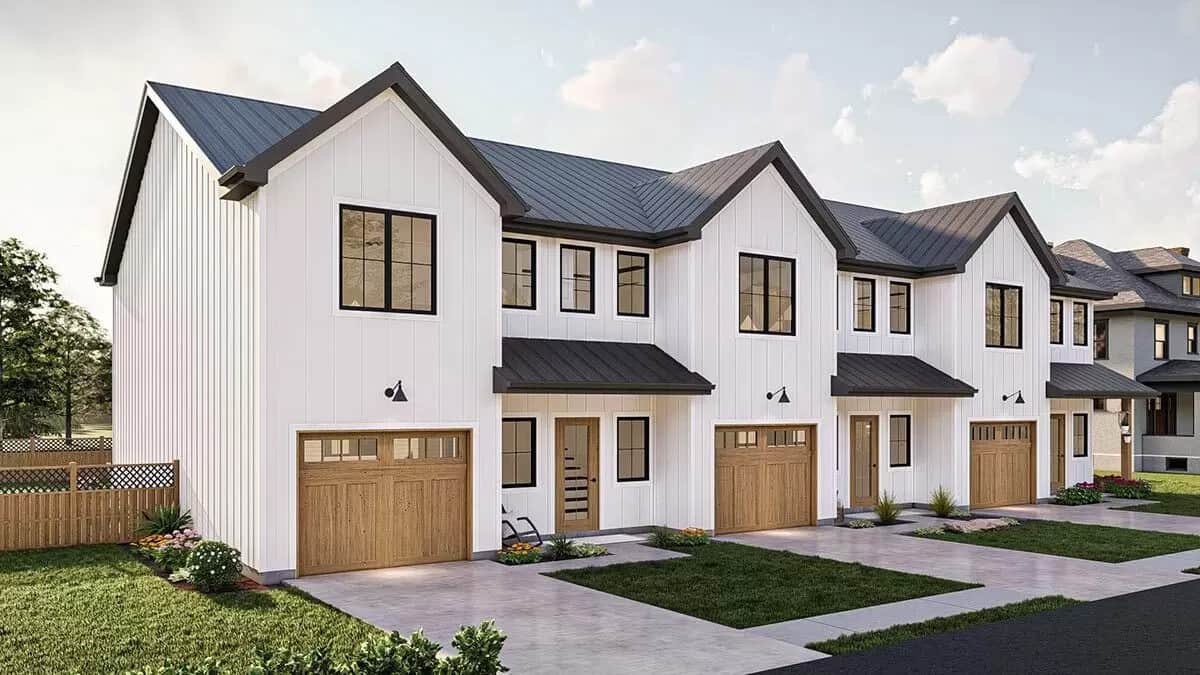 Front view with covered porches and single garages.