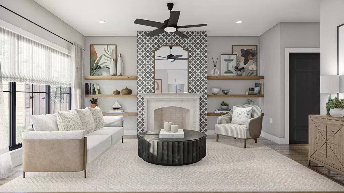 Great room with contemporary seats and a fireplace flanked by floating shelves.