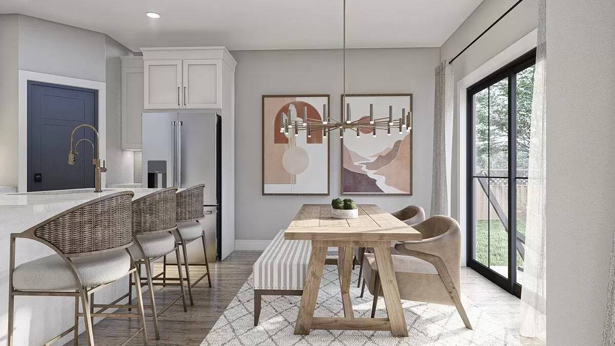 Dining area with a rustic dining set complemented with a striped bench and round back chairs.