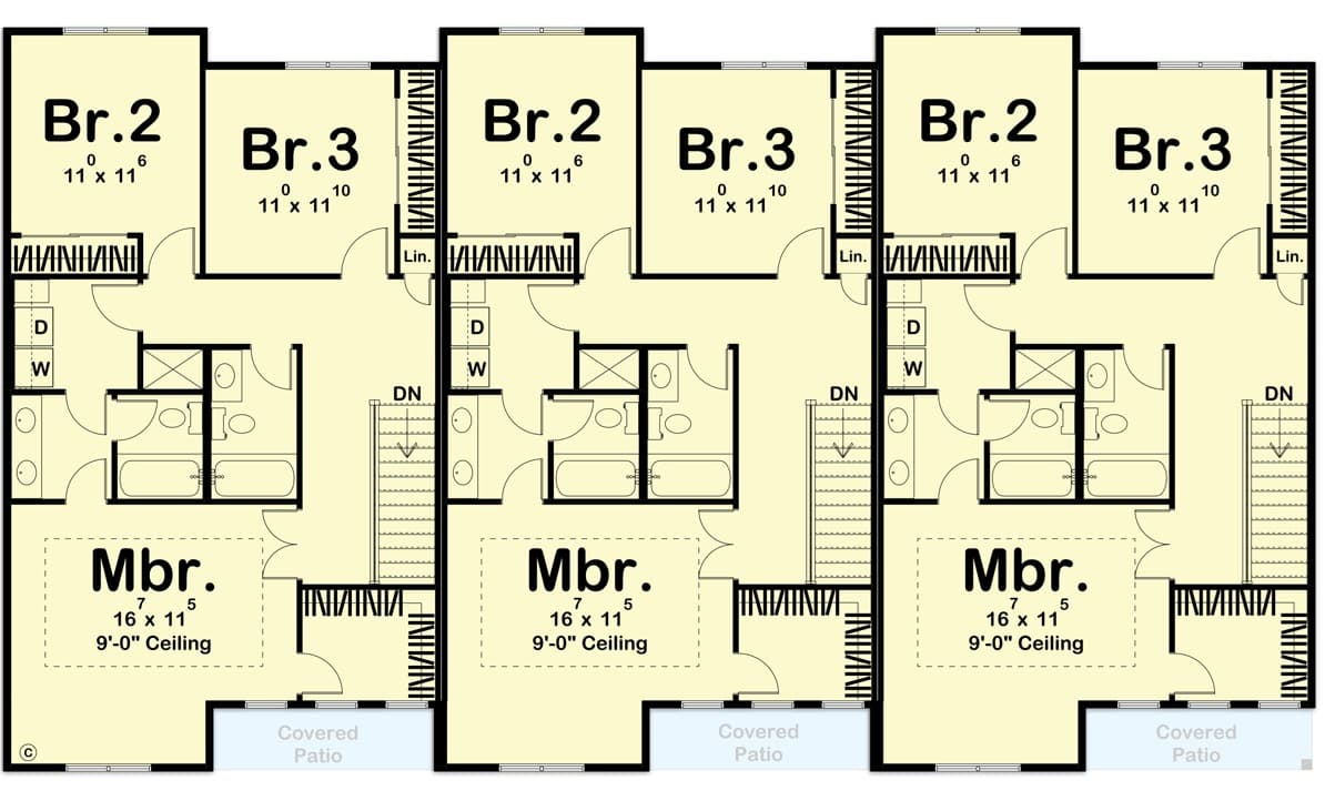 Second level floor plan with three bedrooms, two baths, and a laundry closet.