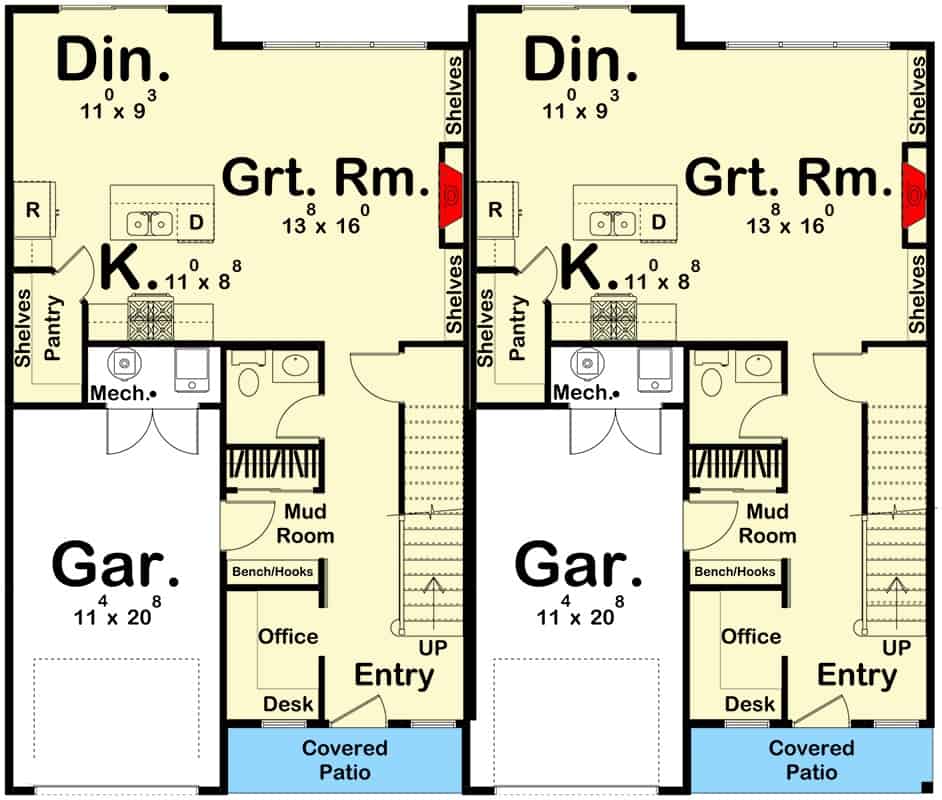 Main level floor plan of a two-story modern farmhouse duplex with foyer, great room, kitchen, dining area, and mudroom leading to the garage.