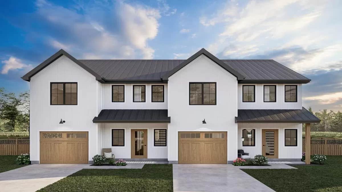 Two-Story Modern Farmhouse Duplex with Front Porch and 3 Bed Units