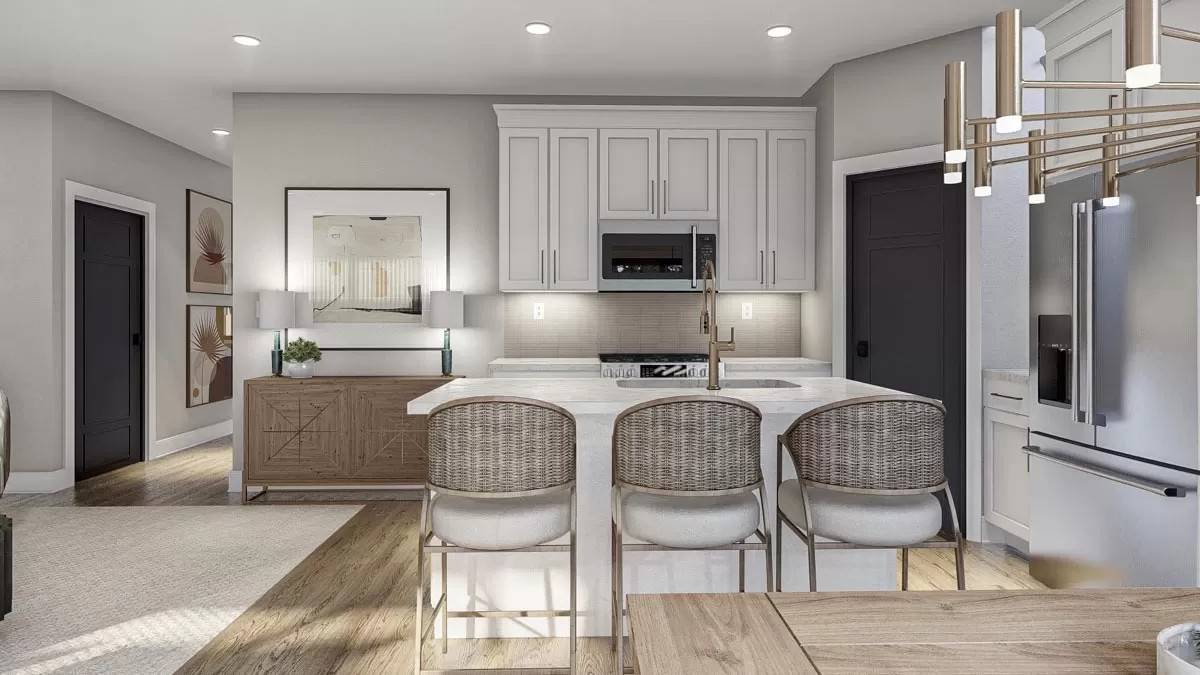 The kitchen includes modern appliances and a prep sink fitted on the island.