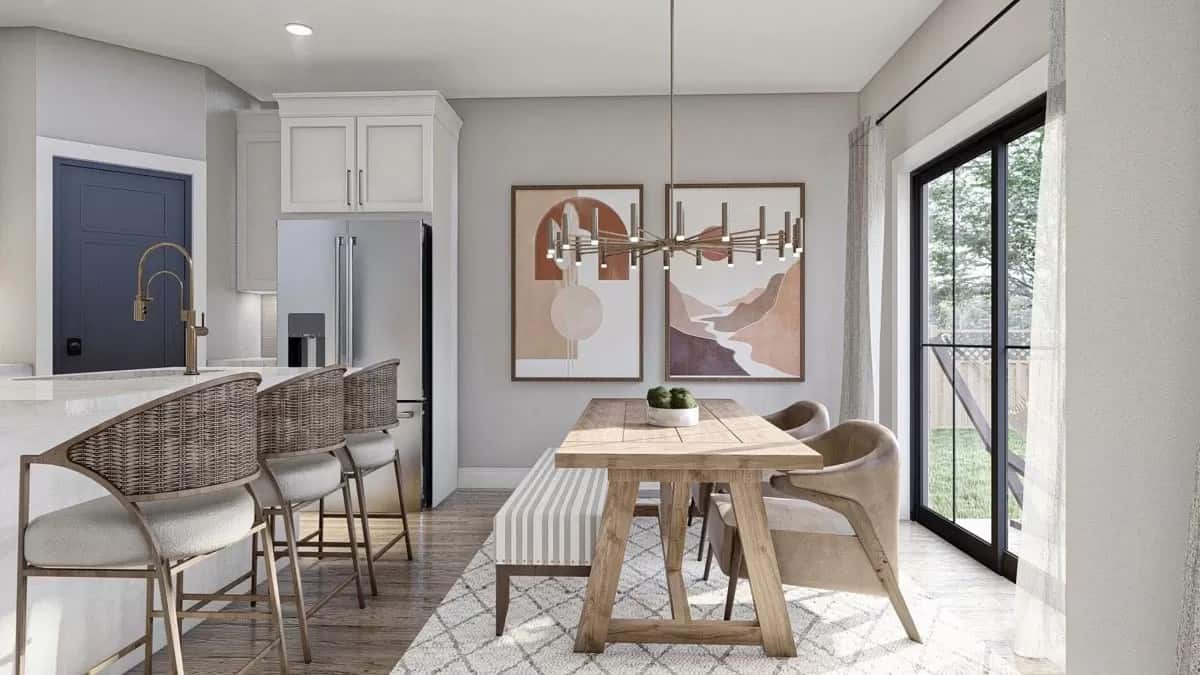 Kitchen and dining area under the regular ceiling.