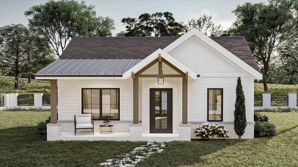 New American Style Single-Story 1-Bedroom ADU with Front Porch and Vaulted Open Living Space (Floor Plan)